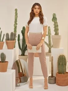 SHEIN Essnce Embroidery Taped Skinny Trousers - Dusty Pink - View 4