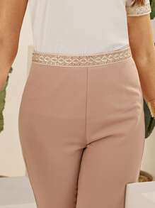 SHEIN Essnce Embroidery Taped Skinny Trousers - Dusty Pink - View 7