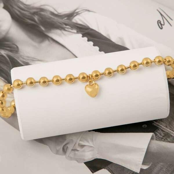 

Heart Charm Beaded Chain Necklace, Gold
