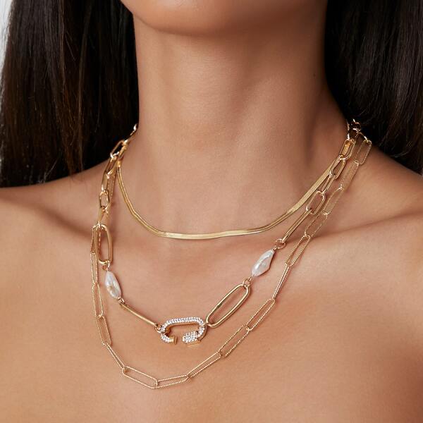 

Faux Pearl Chunky Layered & Snakechain Necklace Set - 2pcs, Gold
