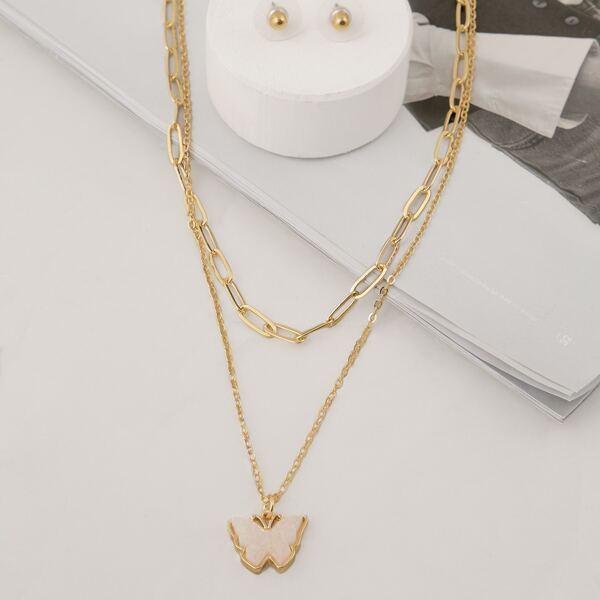 

Butterfly Layered Necklace & Stud Earrings Set - 2pcs, Gold
