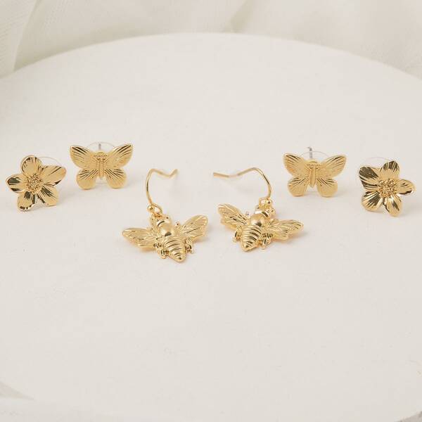 

Bee & Flower Charm Stud Earrings Set - 3 Pairs, Gold