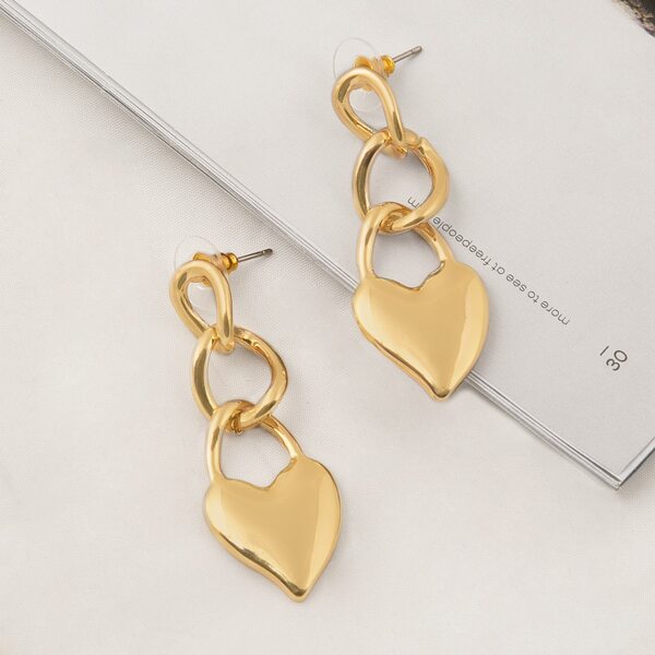 

Heart Charm Curb Chain Drop Earrings, Gold