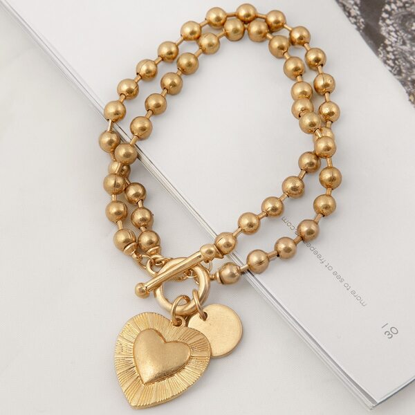 

Burnished Heart Beaded Charm Bracelet, Gold