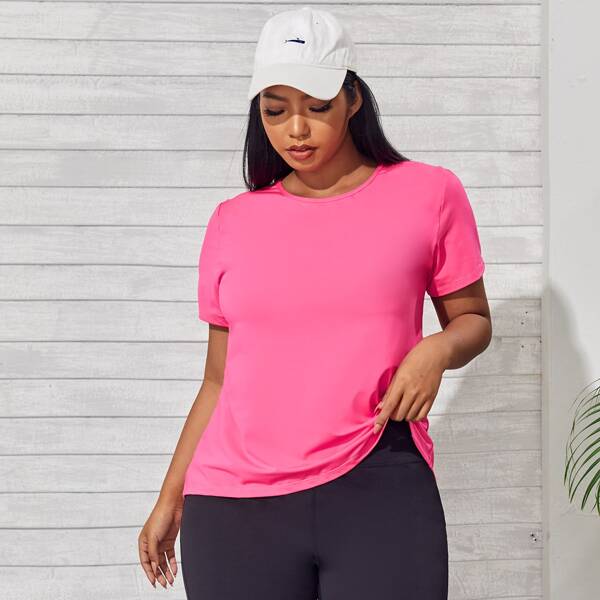 

Plus Solid Contrast Mesh Dip Hem Sports Tee, Hot pink