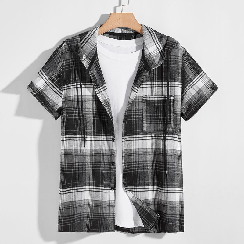 

Guys Drawstring Hooded Plaid Shirt, Black and white