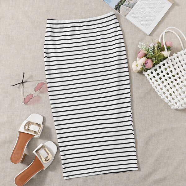 

Striped Pencil Skirt, Black and white