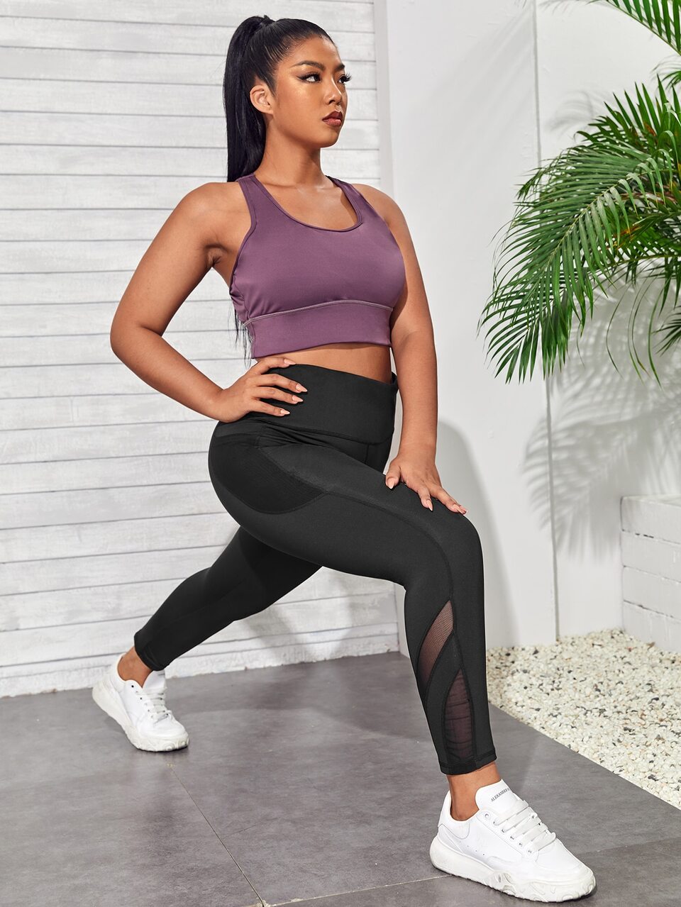 Plus Size Contrast Mesh Sports Leggings With Phone Pocket Yoga Women Pants