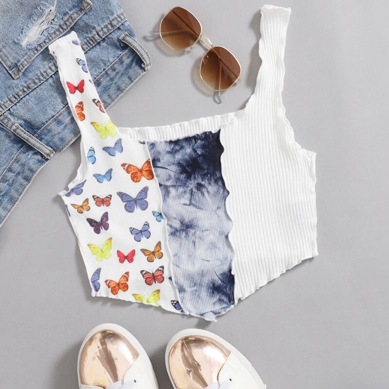 

Butterfly Print Lettuce Trim Rib-knit Tank Top, Multicolor