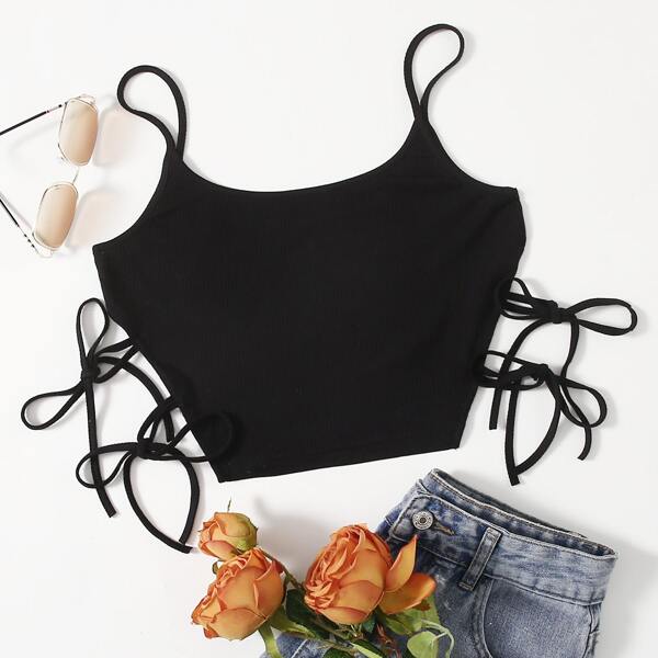 

Knot Side Rib-knit Crop Cami Top, Black