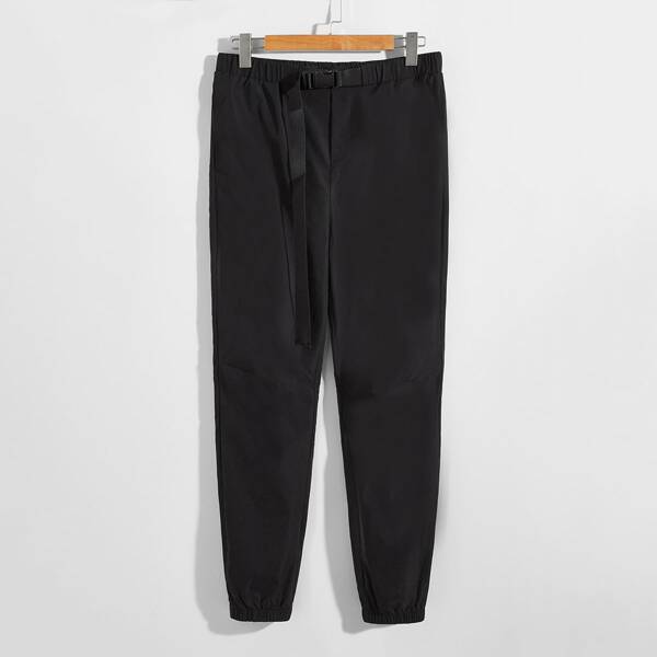 

Men Push Buckle Belted Pants, Black