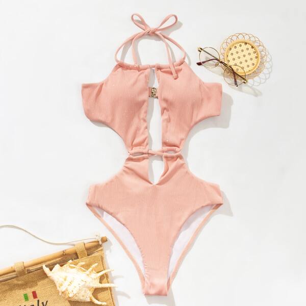 

Rib Criss Cross Halter One Piece Swimsuit, Pink