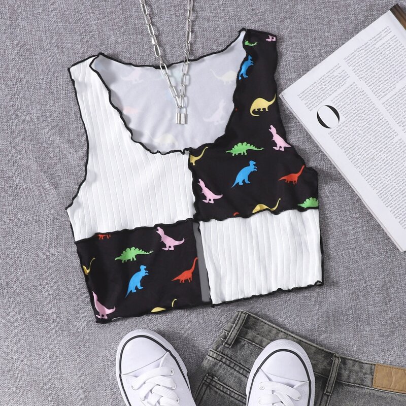 

Lettuce Trim Dinosaur Print Colorblock Tank Top, Multicolor