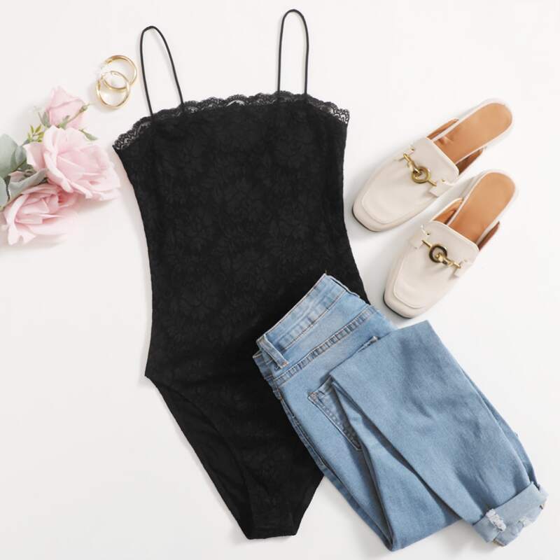 

Solid Lace Cami Bodysuit, Black