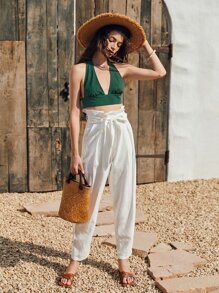 SHEIN Tie Back Solid Halter Top - Dark Green - View 4