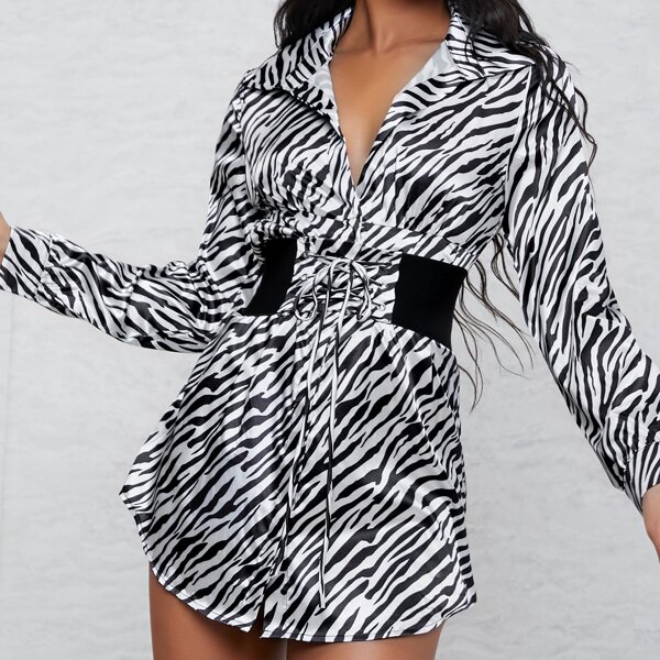 

Corset Belt Zebra Striped Button-Front Mini Dress, Black and white