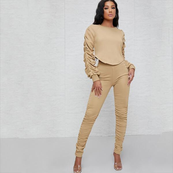 

French Terry Long Sleeve Top & Ruched Leggings Set, Khaki