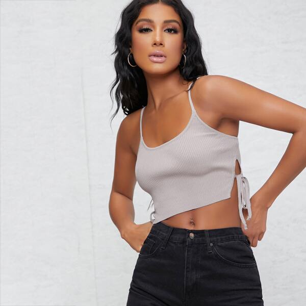 

Ribbed Self-Tie Side Cropped Cami Top, Coffee brown