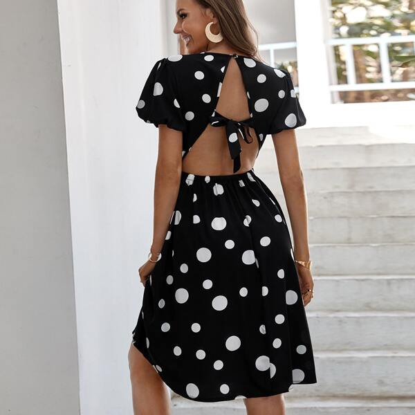

Polka Dot Knot Backless A-line Dress, Black