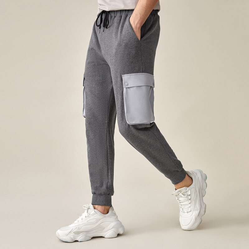 

Guys Drawstring Waist Flap Pocket Joggers, Dark grey