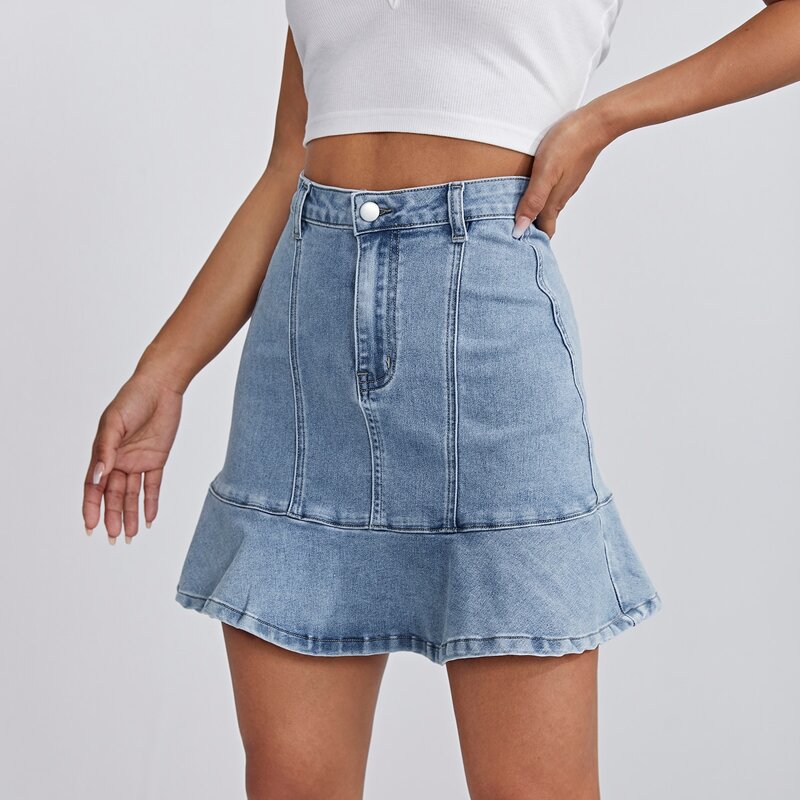 

Zipper Fly Ruffle Hem Denim Skirt, Light wash