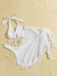 3packs Halter Bikini Set & Beach Skirt - White - View 2