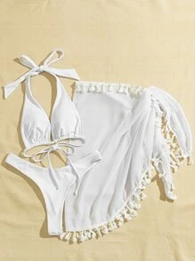 3packs Halter Bikini Set & Beach Skirt - White - View 4