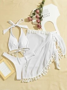 3packs Halter Bikini Set & Beach Skirt - White - View 6