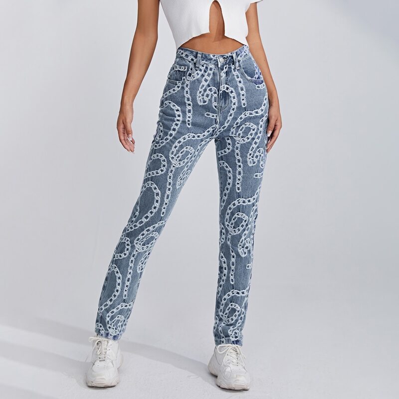 

High Waist Chain Print Skinny Jeans, Light wash