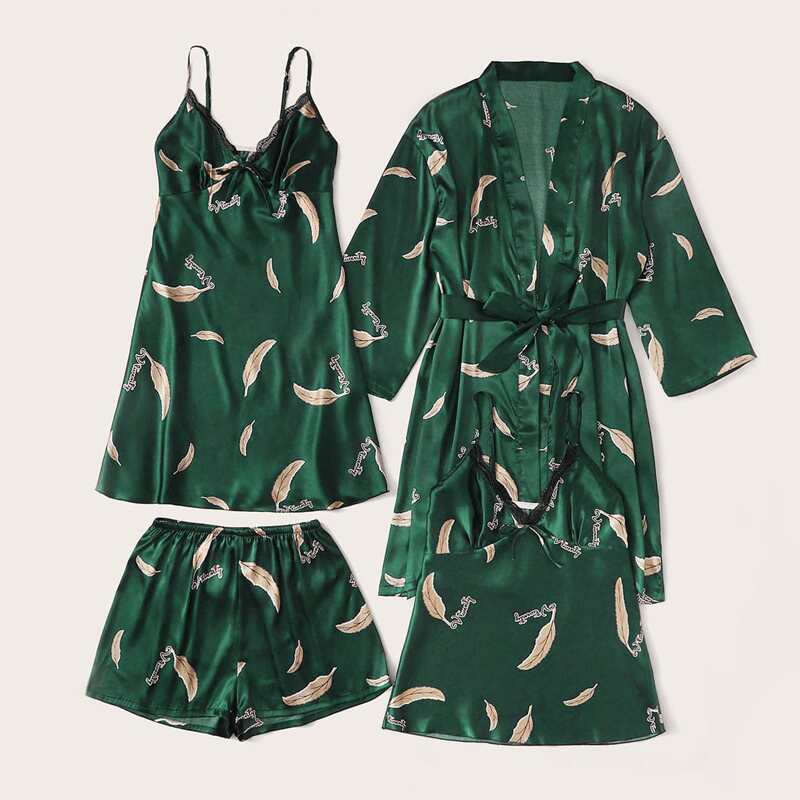 

4Pcs Feather Print Satin Cami Dress With PJ Set & Robe, Dark green