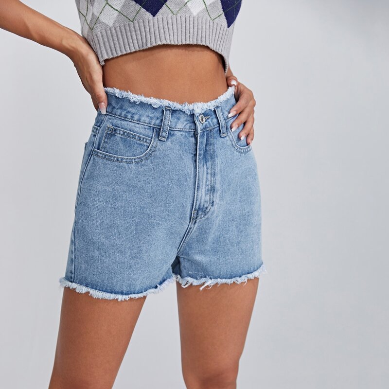 

High Waist Raw Trim Denim Shorts, Light wash