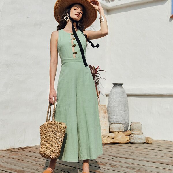 

Button Front Solid Culottes Jumpsuit, Mint green