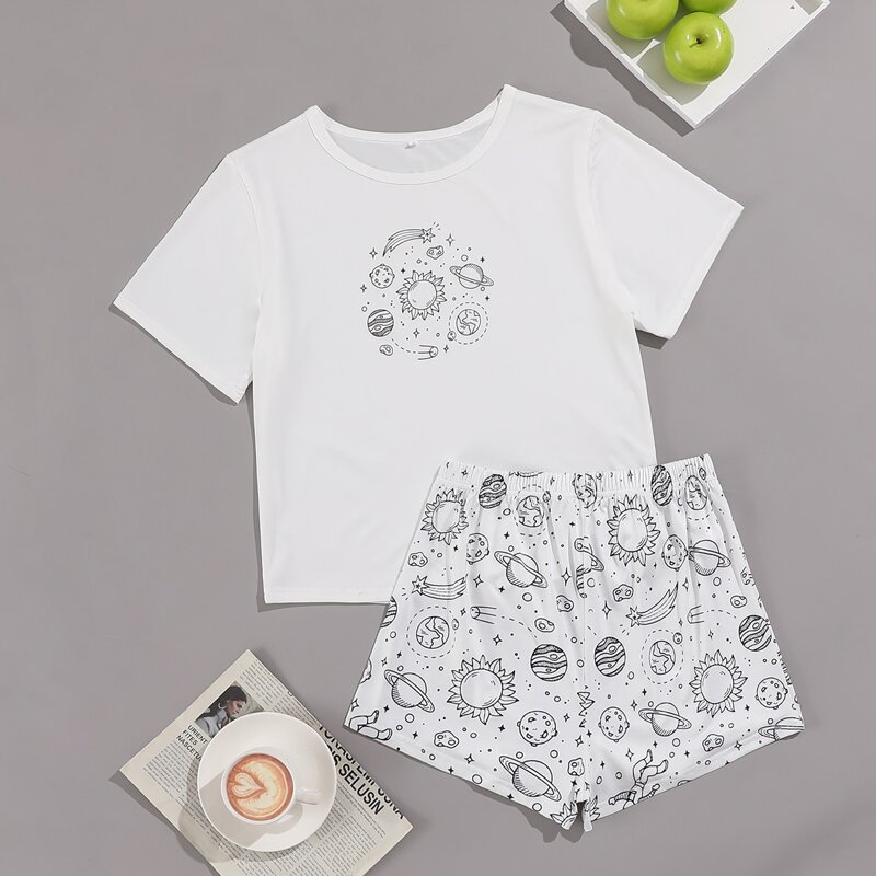 

Galaxy Print Pajama Set, Black and white