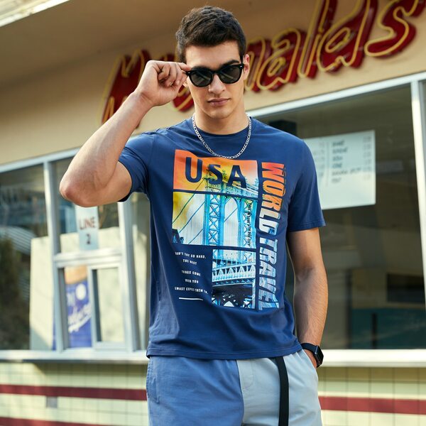 

Men Letter Graphic Print Tee, Blue