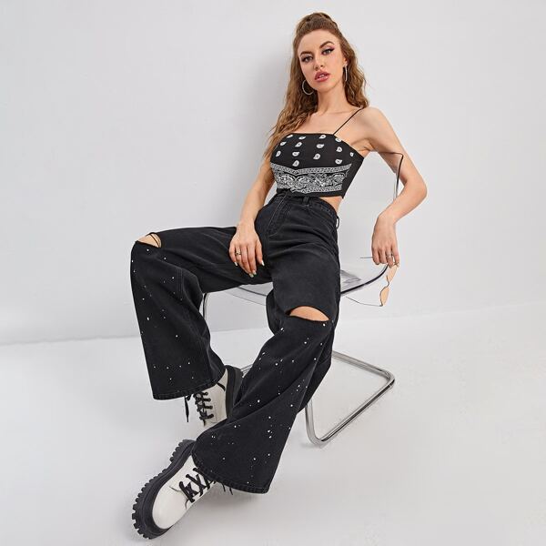 

High Waist Ripped Splash Ink Wide Leg Jeans, Black