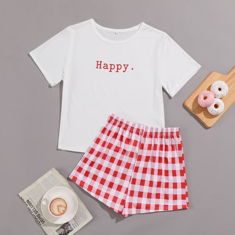 

Letter Graphic Tee & Gingham Shorts Pajama Set, Red and white