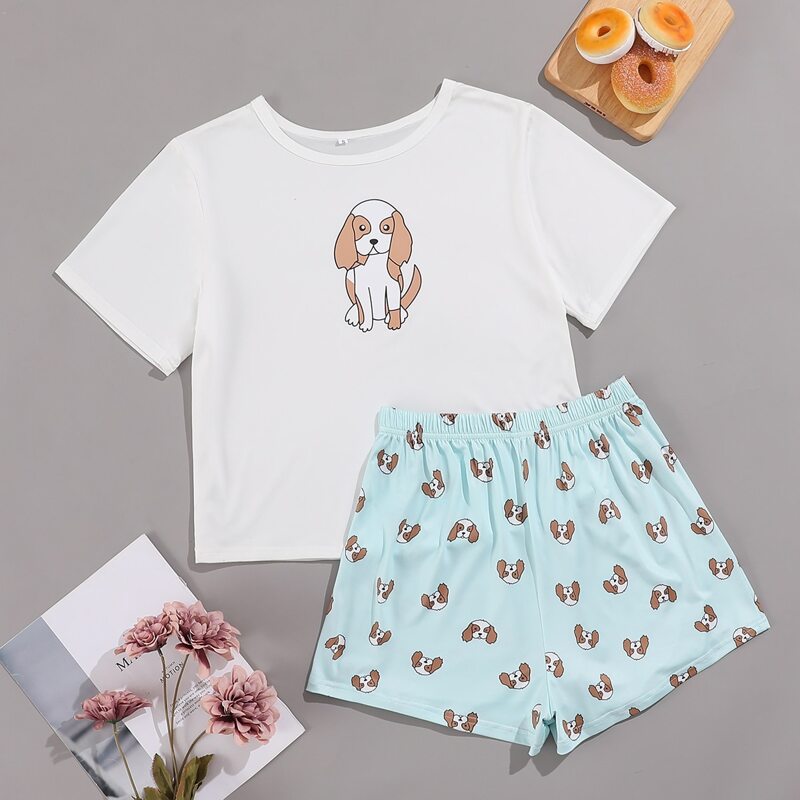 

Cartoon Dog Print Pajama Set, Blue and white