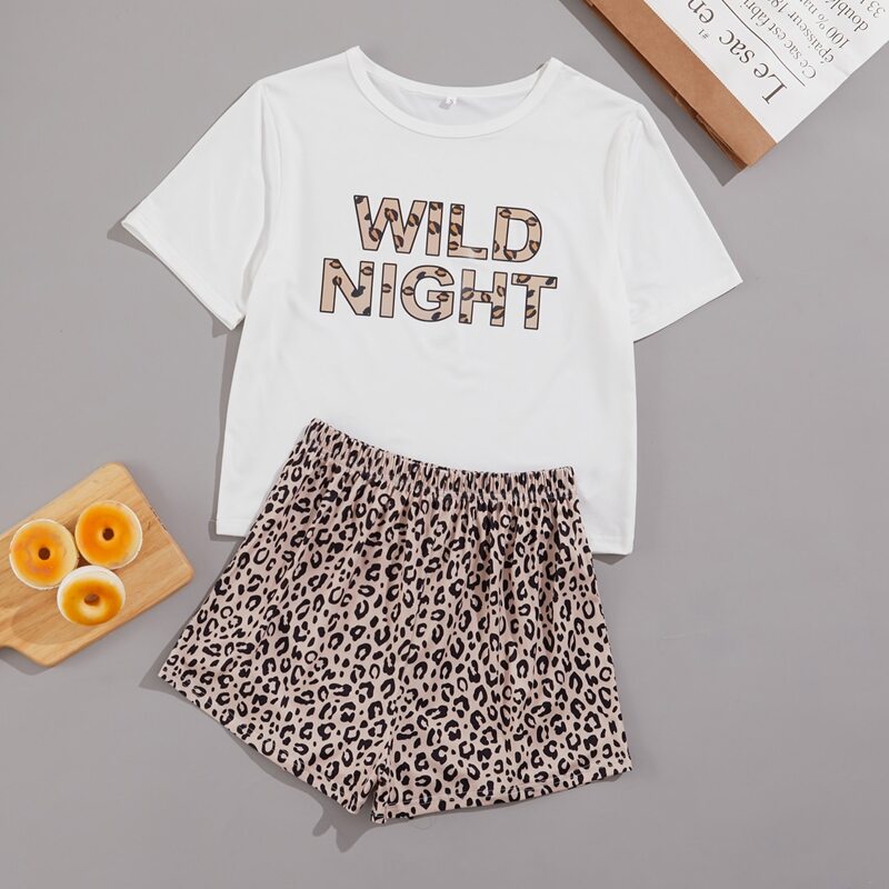 

Letter & Leopard Print Pajama Set, Multicolor