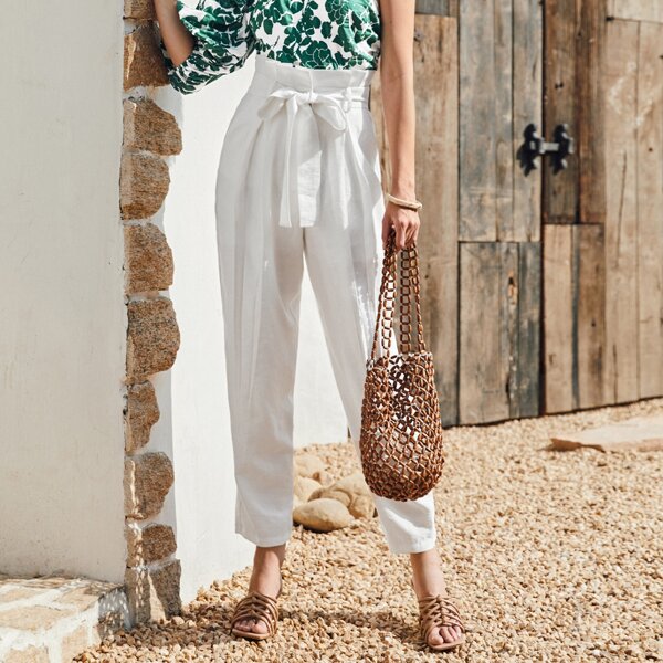 

Paperbag Waist Belted Pants, White
