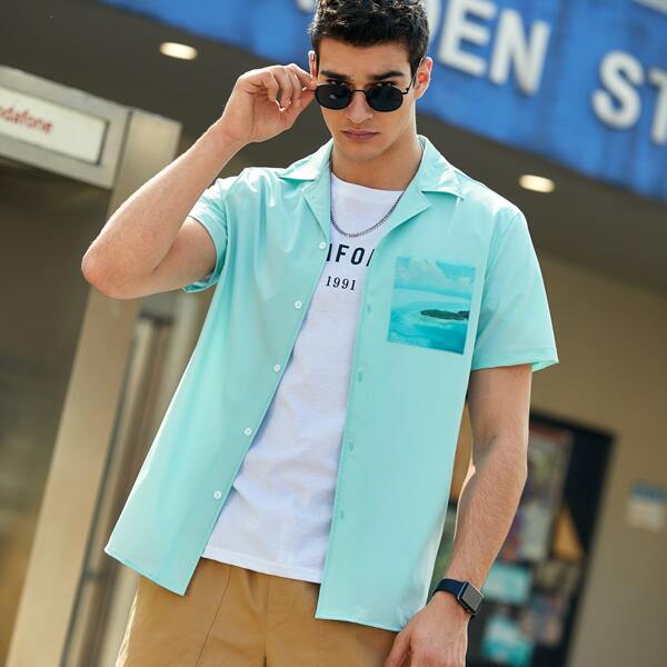 

Men Single Breasted Landscape Print Patch Pocket Shirt, Mint blue