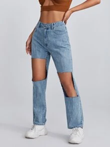 SHEIN Jeans con diamante de imitación con abertura de cintura alta - Lavado ligero - Ver 1