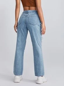 SHEIN Jeans con diamante de imitación con abertura de cintura alta - Lavado ligero - Ver 2