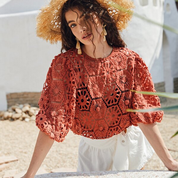 

Lantern Sleeve Guipure Lace Top Without Bra, Burnt orange