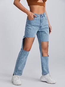 SHEIN Jeans con diamante de imitación con abertura de cintura alta - Lavado ligero - Ver 4