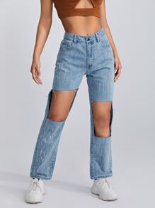 SHEIN Jeans con diamante de imitación con abertura de cintura alta - Lavado ligero - Ver 5
