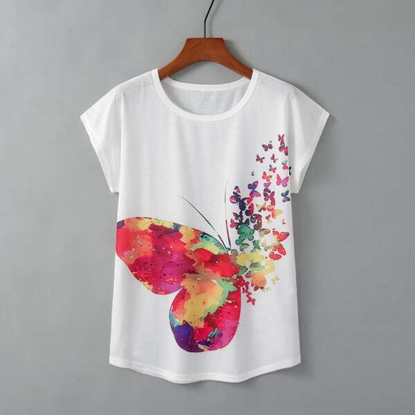 

Butterfly Print Batwing Sleeve Tee, White