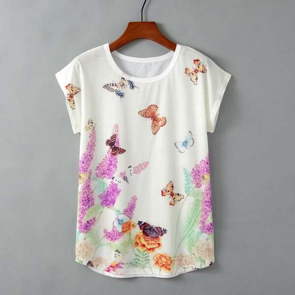 

Floral And Butterfly Print Batwing Sleeve Tee, Multicolor
