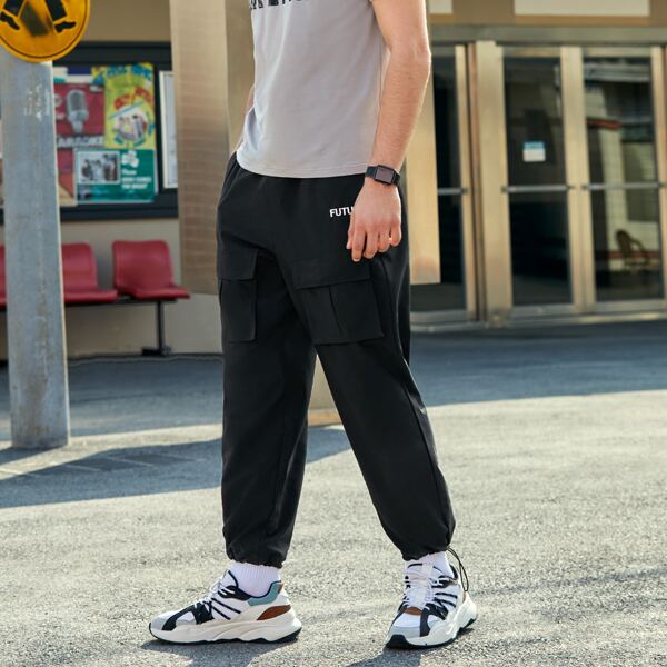 

Men Letter Embroidered Flap Pocket Cargo Pants, Black