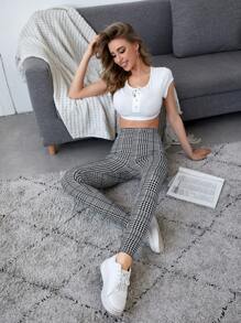 SHEIN LUNE 格紋高腰緊身褲 - 灰色 - 查看 5