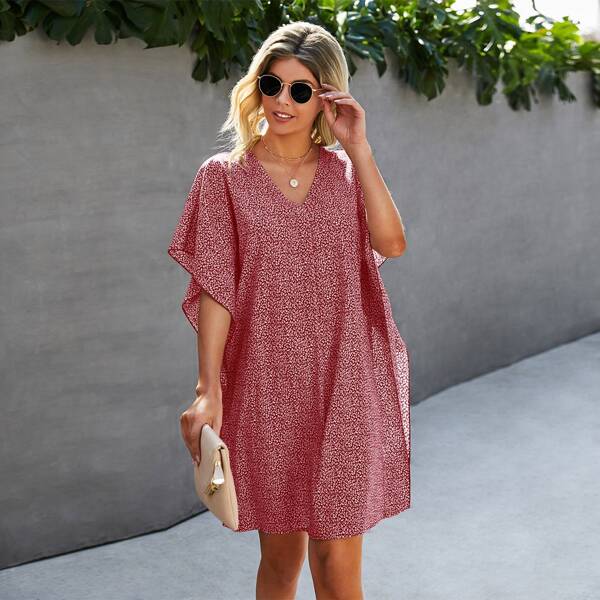 

Allover Print Batwing Sleeve Dress, Redwood
